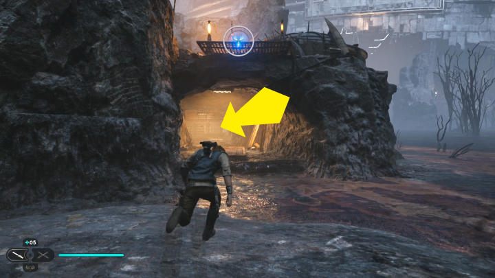 Idźcie w prawą stronę, następnie przeskoczcie na niską platformę unoszącą się na bagnie i obróćcie się, a zobaczycie ścieżkę pod wyspą - idźcie w tym kierunku - Star Wars Jedi Survivor: Uratuj Zee z Lucrehulka (Rescue Zee from the Lucrehulk) - Star Wars Jedi Survivor - poradnik do gry