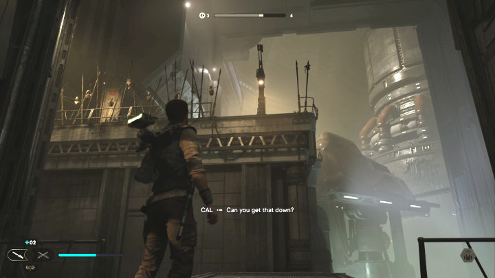 Gdy walka dobiegnie końca, poproście Bode, aby zrzucił linę, po której wejdziecie na wyższą kondygnację - Star Wars Jedi Survivor: Uratuj Zee z Lucrehulka (Rescue Zee from the Lucrehulk) - Star Wars Jedi Survivor - poradnik do gry