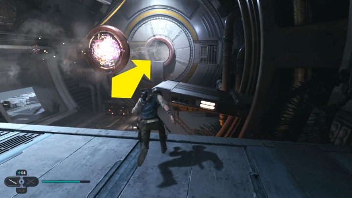 Korzystając z linki, wskoczcie na wyższą kondygnację, poczekajcie, aż laser się wyłączy i przeskoczcie na drugą stronę pomieszczenia - Star Wars Jedi Survivor: Znajdź Rayvisa na zniszczonym księżycu (Locate Rayvis on the Shattered Moon) - Star Wars Jedi Survivor - poradnik do gry