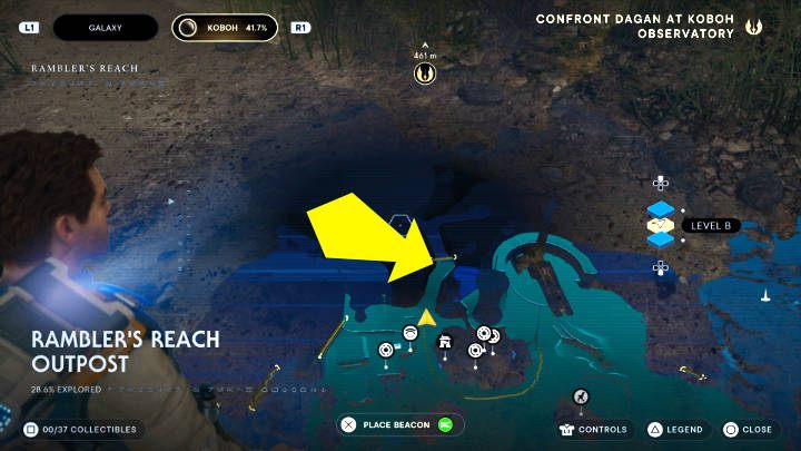 Po wylądowaniu na Koboh otwórzcie mapę i idźcie ścieżką oznaczoną na powyższym obrazku - Star Wars Jedi Survivor: Staw czoła Daganowi w obserwatorium na Koboh (Confront Dagan at the Koboh Observatory) - Star Wars Jedi Survivor - poradnik do gry