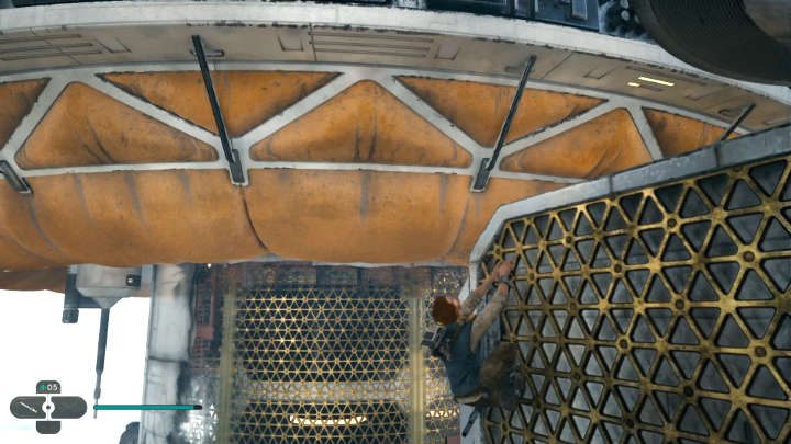 Przeskoczcie na kolejną ruchomą ściankę w taki sposób, aby odwrócić się w stronę ściany wspinaczkowej i wdrapcie się po niej na górę - Star Wars Jedi Survivor: Staw czoła Daganowi w obserwatorium na Koboh (Confront Dagan at the Koboh Observatory) - Star Wars Jedi Survivor - poradnik do gry