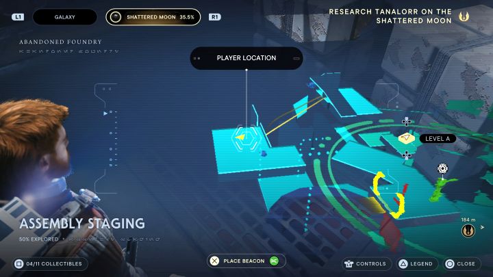 Po zdobyciu 2 poprzednich znajdziek dokończcie wspinaczkę do obszaru z nieaktywnym droidem do zeskanowania - Jedi Survivor: Punkt zbiorny linii ze Zniszczonego Księżyca - lista sekretów - Star Wars Jedi Survivor - poradnik do gry