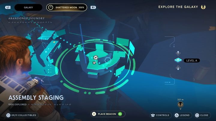 To problematyczna znajdźka, bo wymusza dotarcie do bocznego obszaru Punktu zbiornego z linii z obrazka - Jedi Survivor: Punkt zbiorny linii ze Zniszczonego Księżyca - lista sekretów - Star Wars Jedi Survivor - poradnik do gry