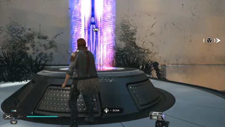 Podczas odbijania się od balonów w centralnej sali dotrzyjcie do półki z fioletowym strumieniem energii, który trzeba zeskanować - Jedi Survivor: Laboratorium badawcze Republiki ze Zniszczonego Księżyca - lista sekretów - Star Wars Jedi Survivor - poradnik do gry