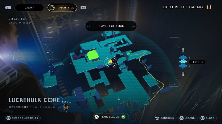 Następnie idźcie w stronę drogi za działkiem i tam zeskoczcie na półkę niżej widoczną na powyższym zrzucie ekranu - Jedi Survivor: Rdzeń Lucrehulka - lista sekretów - Star Wars Jedi Survivor - poradnik do gry