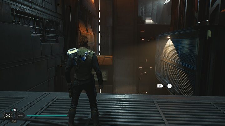 Staniecie nad przepaścią, gdzie będziecie mogli zobaczyć ścianę do przesunięcia wyżej - ustawcie ją na odpowiedniej wysokości, a następnie przebiegnijcie po niej - Jedi Survivor: Przednia Wieża Dowodzenia - lista sekretów - Star Wars Jedi Survivor - poradnik do gry