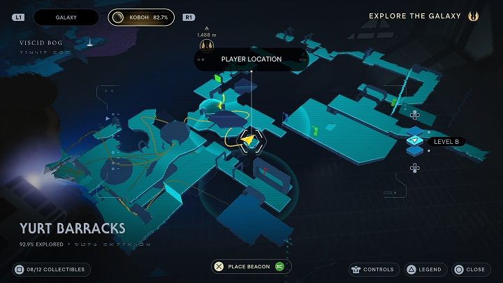 Stamtąd przeskoczcie na przeciwległą półkę, gdzie znajdziecie ostatni w tej lokacji odłamek Priorytu - Jedi Survivor: Koszary Jurcie - lista sekretów - Star Wars Jedi Survivor - poradnik do gry