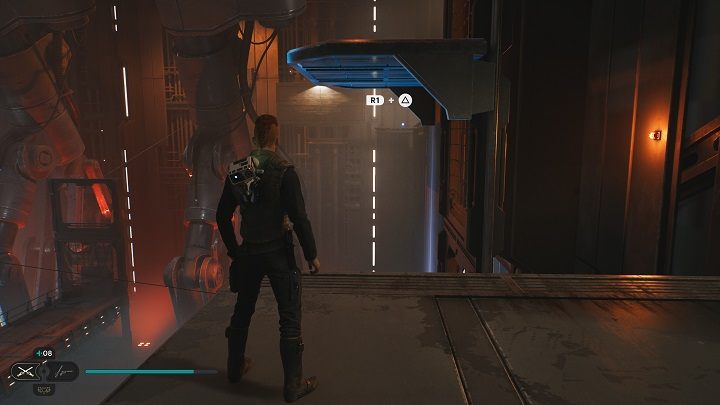 Kawałek dalej jest platforma, którą możecie obniżyć i na nią wskoczyć - esencję widać już teraz w oddali - Jedi Survivor: Spód Generatora - lista sekretów - Star Wars Jedi Survivor - poradnik do gry