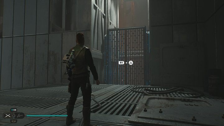 Po przejściu po kracie na prawo, natkniecie się na kolejną, do której trzeba doskoczyć - na dole znajduje się kolejny Jeździec Chaosu - Jedi Survivor: Spód Generatora - lista sekretów - Star Wars Jedi Survivor - poradnik do gry