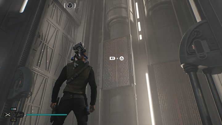 Następnie czeka Was ustawienie pobliskich krat na odpowiedniej wysokości, tak żebyście mogli dostać się do krawędzi ukazanej na powyższym zrzucie ekranu - Jedi Survivor: Spód Generatora - lista sekretów - Star Wars Jedi Survivor - poradnik do gry