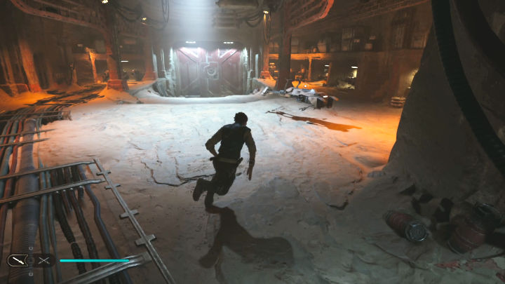 Gdy kolejna cut scenka dobiegnie końca, ruszcie w pogoń za Bode - windą do góry, a następnie do garażu, gdzie będzie czekać na Was śmigacz (Speeder) - Star Wars Jedi Survivor: Przynieś kompas do Cordovy na Jedzie (Bring Compass to Cordova on Jedha) - Star Wars Jedi Survivor - poradnik do gry