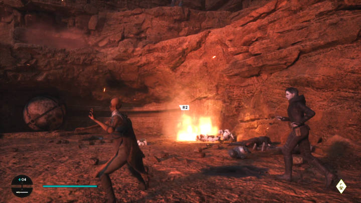 Użyjcie mocy, aby ruszyć kulę w ścianie - uruchomicie w ten sposób mechanizm, który spuści bombę na maszyny oblężnicze - Star Wars Jedi Survivor: Przynieś kompas do Cordovy na Jedzie (Bring Compass to Cordova on Jedha) - Star Wars Jedi Survivor - poradnik do gry