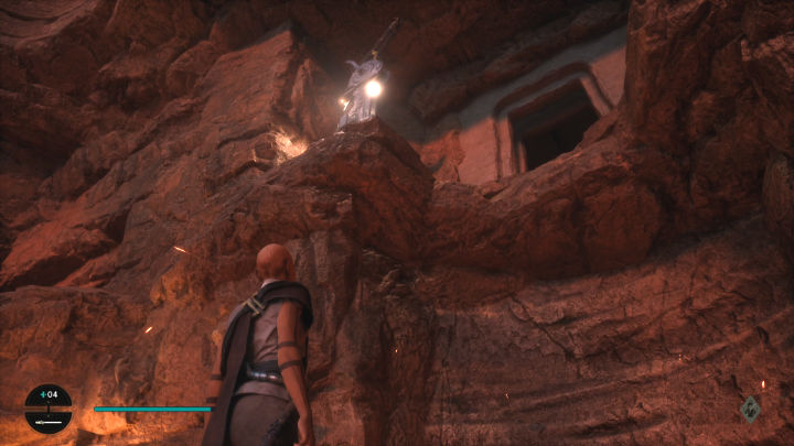 Poproście Merrin, aby zrzuciła na dół linę i wespnijcie się na górę, a następnie zjedźcie po ścianie do hangaru - Star Wars Jedi Survivor: Przynieś kompas do Cordovy na Jedzie (Bring Compass to Cordova on Jedha) - Star Wars Jedi Survivor - poradnik do gry