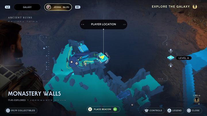 Musicie dotrzeć do lewej części ruin i złapać się górnego zaczepu w trakcie zjazdu po stromym zboczu - Jedi Survivor: Mury klasztorne z planety Jedha - lista sekretów - Star Wars Jedi Survivor - poradnik do gry