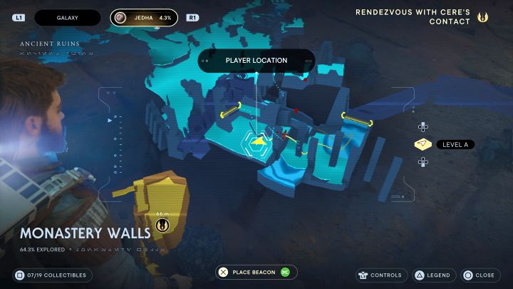 Musicie dotrzeć do dalszej prawej części ruin, unikając po drodze ataków potwora podróżującego pod ziemią - Jedi Survivor: Mury klasztorne z planety Jedha - lista sekretów - Star Wars Jedi Survivor - poradnik do gry