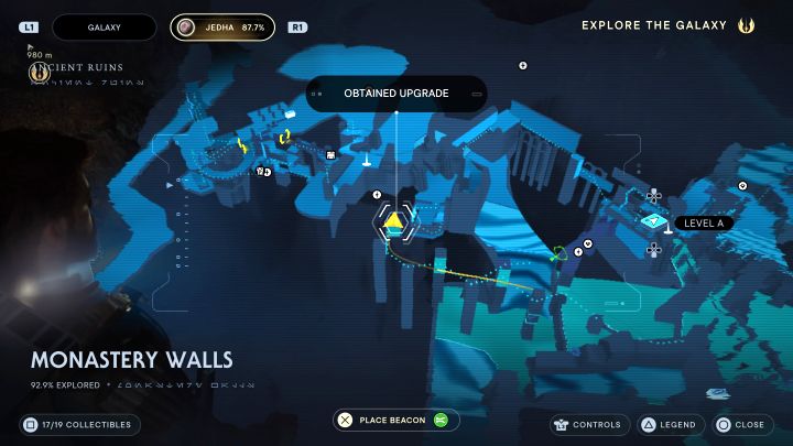 Musicie dotrzeć do tylnej części ruin i jest to możliwe wykonując serię biegów po ścianach - Jedi Survivor: Mury klasztorne z planety Jedha - lista sekretów - Star Wars Jedi Survivor - poradnik do gry