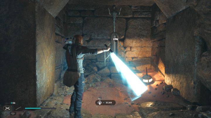 Obszar do zeskanowania znajdziecie podczas przeprawy przez ruiny, niedługo po chwytaniu się sufitu - Jedi Survivor: Korytarze Ranvella z planety Jedha - lista sekretów - Star Wars Jedi Survivor - poradnik do gry