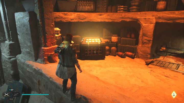 Skrzynia jest w bocznym pomieszczeniu ze ścigaczem - Jedi Survivor: Pustynne szlaki z planety Jedha - lista sekretów - Star Wars Jedi Survivor - poradnik do gry