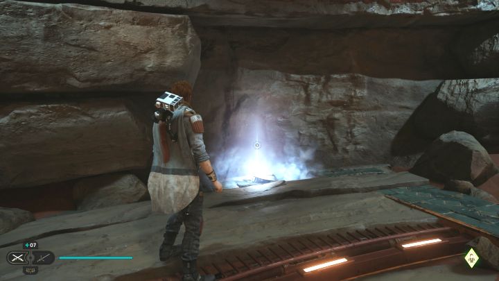 Echo znajduje się w okrągłym pomieszczeniu, obok wyjścia z bazy Cere - Jedi Survivor: Pustynne szlaki z planety Jedha - lista sekretów - Star Wars Jedi Survivor - poradnik do gry