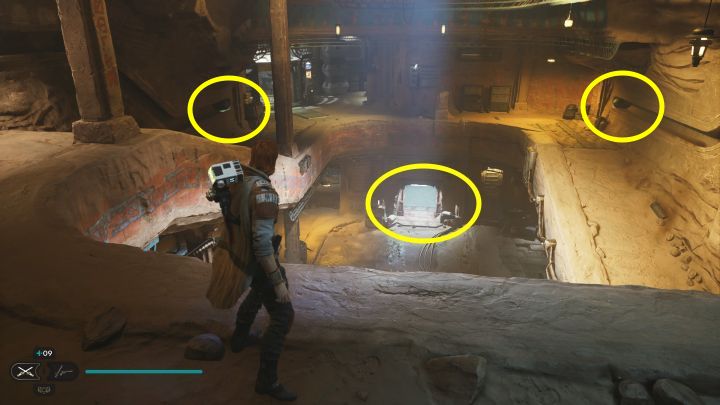 W głównym pomieszczeniu użyjcie pchnięcia Mocą na bocznych kulach po to żeby zatrzymały się w miejscach zaznaczonych na obrazku - Jedi Survivor: Pustynne szlaki z planety Jedha - lista sekretów - Star Wars Jedi Survivor - poradnik do gry