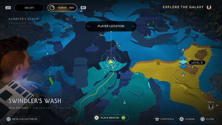 Kontynuujcie ścieżką, którą szliście do rośliny, aby nieco dalej skręcić na lewo, wskoczyć na wyższą półkę i dotrzeć do małej jaskini zarośniętej zwisającymi roślinami - Jedi Survivor: Fala Oszusta - lista sekretów - Star Wars Jedi Survivor - poradnik do gry