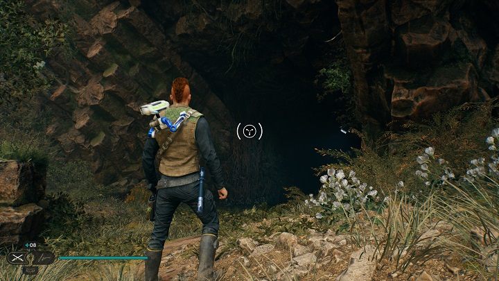 Będąc przy powyższej znajdźce, skierujcie się na lewo w stronę jaskini i ściany pokrytej pnączami - możecie do nich doskoczyć korzystając z linki z hakiem - Jedi Survivor: Bazaltowa Szczelina - lista sekretów - Star Wars Jedi Survivor - poradnik do gry