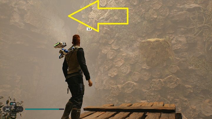 Na lewo od wyjścia z jaskini jest platforma, z której możecie wysunąć ze ściany pierwszy kamienny blok - Jedi Survivor: Bazaltowa Szczelina - lista sekretów - Star Wars Jedi Survivor - poradnik do gry