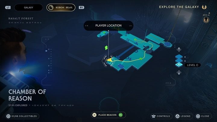 Udajcie się na sam koniec w prawo i zeskoczcie na platformę niżej - Jedi Survivor: Komnata Rozumu - lista sekretów - Star Wars Jedi Survivor - poradnik do gry