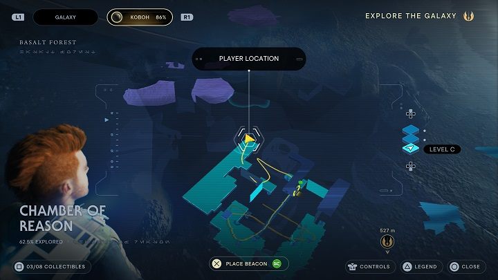 Odwróćcie się od zdobytego wpisu, a po Waszej prawej będziecie mogli dostrzec wysuniętą platformę - Jedi Survivor: Komnata Rozumu - lista sekretów - Star Wars Jedi Survivor - poradnik do gry