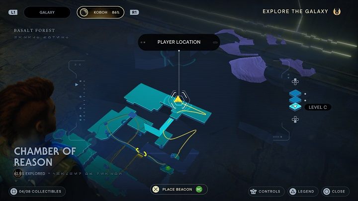 Trzymając się blisko ściany udajcie się w kierunku przeciwnym do opisane wyżej wpisu - Jedi Survivor: Komnata Rozumu - lista sekretów - Star Wars Jedi Survivor - poradnik do gry