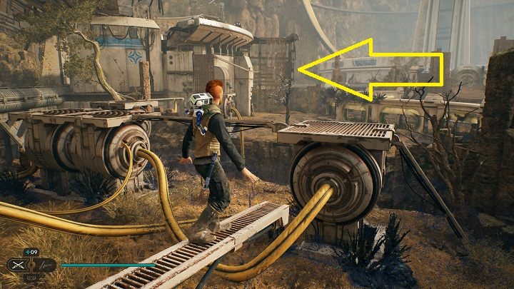 Po wróceniu na górę udajcie się przed siebie, przeskakując po platformach i wskakując ostatecznie na kratkę, po której wespniecie się wyżej - Jedi Survivor: Leśny Węzeł - lista sekretów - Star Wars Jedi Survivor - poradnik do gry