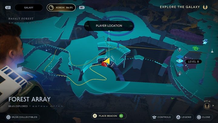 Skierujcie się przed siebie korzystając ze ściany do przebiegnięcia w stronę zamkniętych drzwi wspomnianych wyżej - teraz będziecie mogli je odblokować - Jedi Survivor: Leśny Węzeł - lista sekretów - Star Wars Jedi Survivor - poradnik do gry