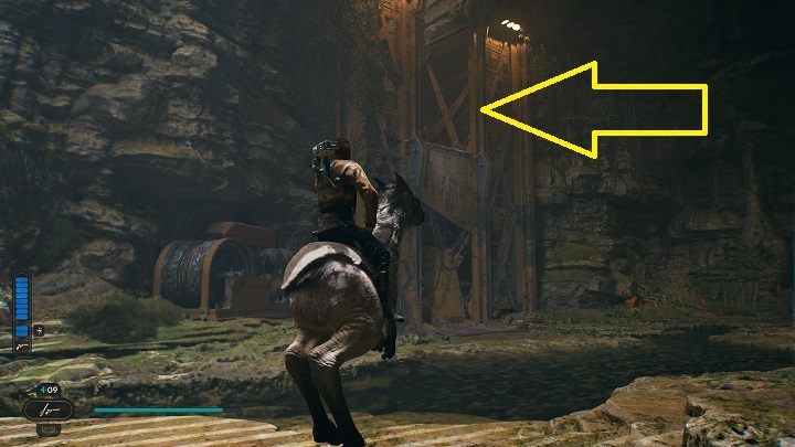 Po wszystkim będziecie mogli z jego grzbietu wybić się na wysoką półkę wskazaną na powyższym obrazku - Jedi Survivor: Spleśniałe Głębiny - lista sekretów - Star Wars Jedi Survivor - poradnik do gry