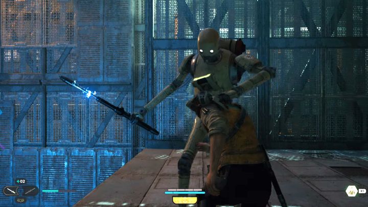 K-405 to pierwszy przeciwnik w grze mający długi pasek zdrowia pokazywany u góry ekranu, ale droida bardziej powinniście traktować jak mini-bossa i część samouczka - Jedi Survivor: Jak pokonać bossa K-405? - Star Wars Jedi Survivor - poradnik do gry