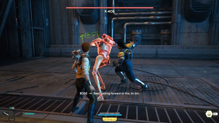 Już na samym początku starcia z droidem gra nauczy Was, że nie możecie blokować czerwonych ataków przeciwników - Jedi Survivor: Jak pokonać bossa K-405? - Star Wars Jedi Survivor - poradnik do gry