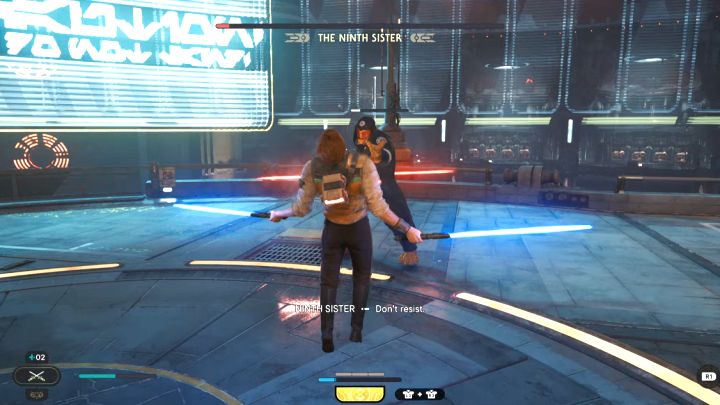 Od momentu wyświetlenia krótkiej cut-scenki Dziewiąta Siostra zacznie korzystać z chwytu z użyciem Mocy - Jedi Survivor: Jak pokonać bossa Dziewiąta Siostra? - Star Wars Jedi Survivor - poradnik do gry