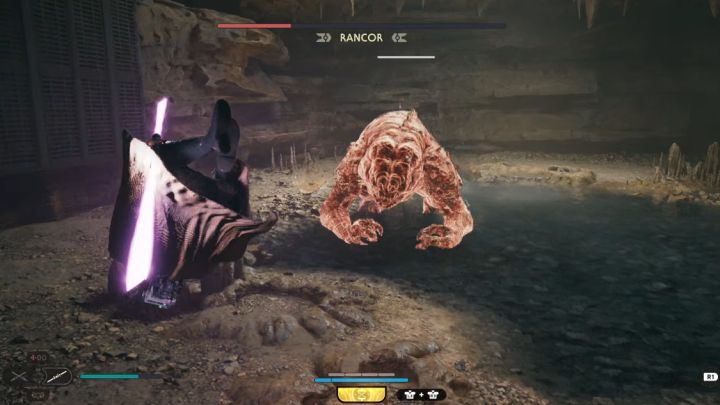 Innym typem czerwonego ataku jest silne uderzenia górnymi kończynami w ziemię - Jedi Survivor: Jak pokonać bossa Rancor (Wilgotna grota na Koboh)? - Star Wars Jedi Survivor - poradnik do gry