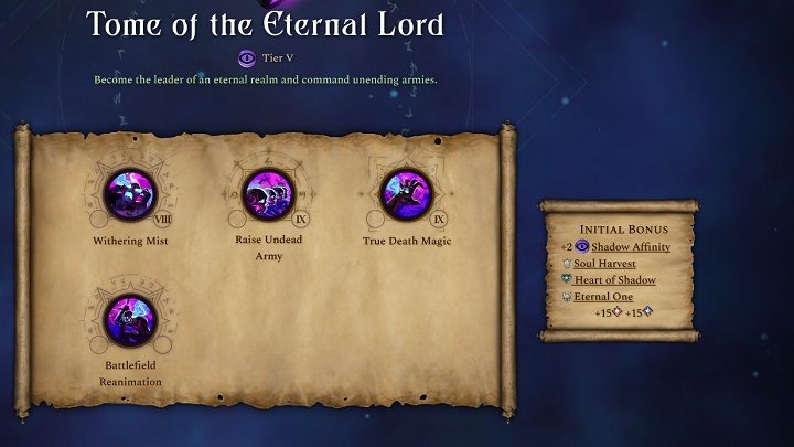 Pasywny bonus tej księgi to +2 punkty więzi cienia, mroźna iglica, ziarno cienia i oślepiająca magia - Age of Wonders 4: Księgi Magii - Age of Wonders 4 - poradnik do gry