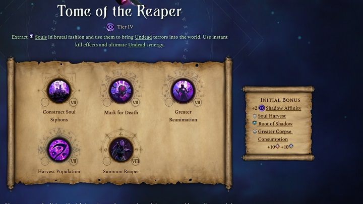Pasywny bonus tej księgi to +2 punkty więzi cienia, żniwiarz dusz, źródło cienia i silniejsze pochłonięcie zwłok - Age of Wonders 4: Księgi Magii - Age of Wonders 4 - poradnik do gry