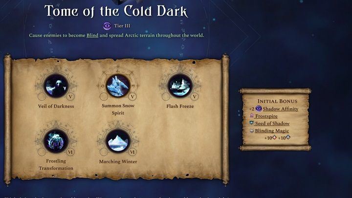 Pasywny bonus tej księgi to +2 punkty więzi cienia, mroźna iglica, ziarno cienia i oślepiająca magia - Age of Wonders 4: Księgi Magii - Age of Wonders 4 - poradnik do gry