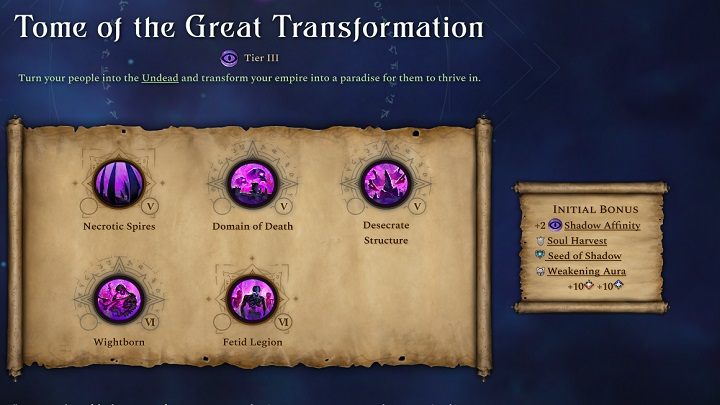 Pasywny bonus tej księgi to +2 punkty więzi cienia, żniwiarz dusz, ziarno cienia i osłabiająca aura - Age of Wonders 4: Księgi Magii - Age of Wonders 4 - poradnik do gry