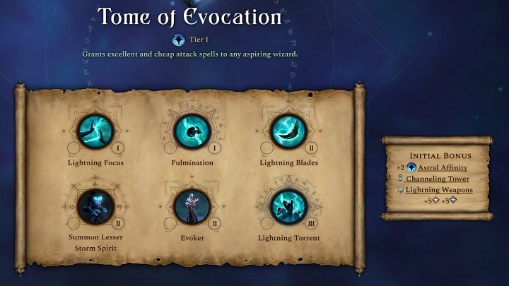 Pasywny bonus tej księgi to +2 punkty więzi astralnej, wieża przysyłająca i broń błyskawic - Age of Wonders 4: Księgi Magii - Age of Wonders 4 - poradnik do gry