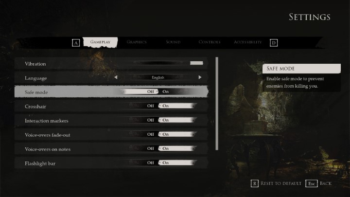 W menu Ustawień (Settings) w zakładce Rozgrywka (Gameplay) znajdziecie opcję nazwaną Tryb Bezpieczny (Safe Mode) - Layers of Fear (2023): Czy w grze można zginąć? - Layers of Fear 3 - poradnik do gry