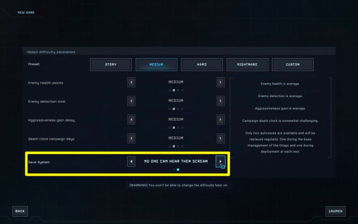 Po rozpoczęciu nowej gry załaduje się ekran wyboru poziomu trudności i jednym z modyfikatorów stopnia trudności jest System zapisów - Aliens Dark Descent: Czy można zapisywać grę? - Aliens Dark Descent - poradnik do gry