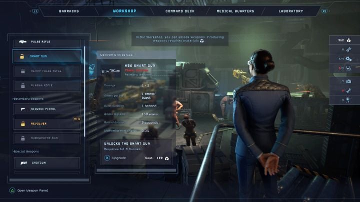 Będąc w bazie odwiedźcie Warsztat powiązany z kupowanym nowych broni i gadżetów - Aliens Dark Descent: Jak odblokować broń smartgun? - Aliens Dark Descent - poradnik do gry