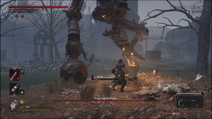 Dobrym pomysłem będzie umiejscowienie się na ziemi (z dala od wody, która nakłada status skażenia) - Lies of P: Jak pokonać bossa Marionetka przyszłości na Bagnie Beznadziei? - Lies of P - poradnik do gry