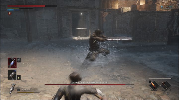 Może on wykonywać skok wysoko w powietrze, aby potem uderzyć mocno w ziemię linearnym ciosem - Lies of P: Jak pokonać bossa Najstarszy z Bractwa Czarnych Królików? - Lies of P - poradnik do gry