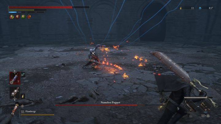 Gdy boss wyskoczy w powietrze, a następnie wyląduje, wykona trzy szybkie cięcia, dlatego bądźcie przygotowani do trzymania gardy - Lies of P: Jak pokonać bossa Bezimienna Marionetka? - Lies of P - poradnik do gry