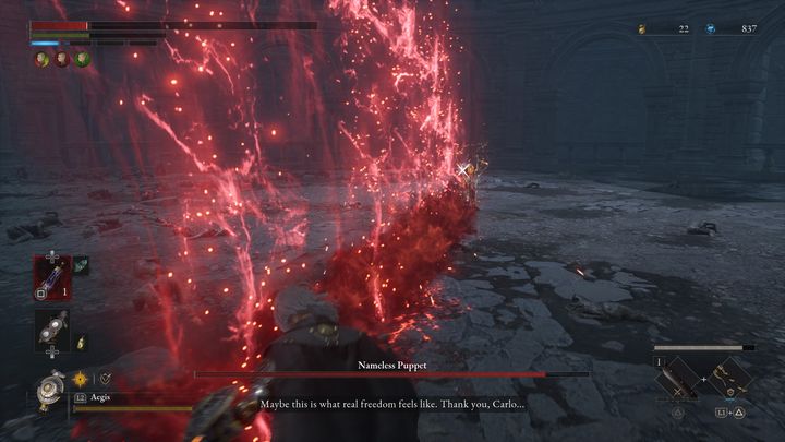 Gdy boss wzbije się w powietrze, a jego broń zrobi się czerwona, uderzy w ziemie i stworzy on trzy fale, które polecą w Waszą stronę - Lies of P: Jak pokonać bossa Bezimienna Marionetka? - Lies of P - poradnik do gry