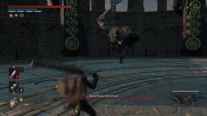 Boss zazwyczaj będzie skracał dystans, idąc do Was a następnie szurając po ziemi swoją bronią dwukrotnie - Lies of P: Jak pokonać bossa Simon Manus, Ręka Boga / Simon Manus, Przebudzony Bóg? - Lies of P - poradnik do gry